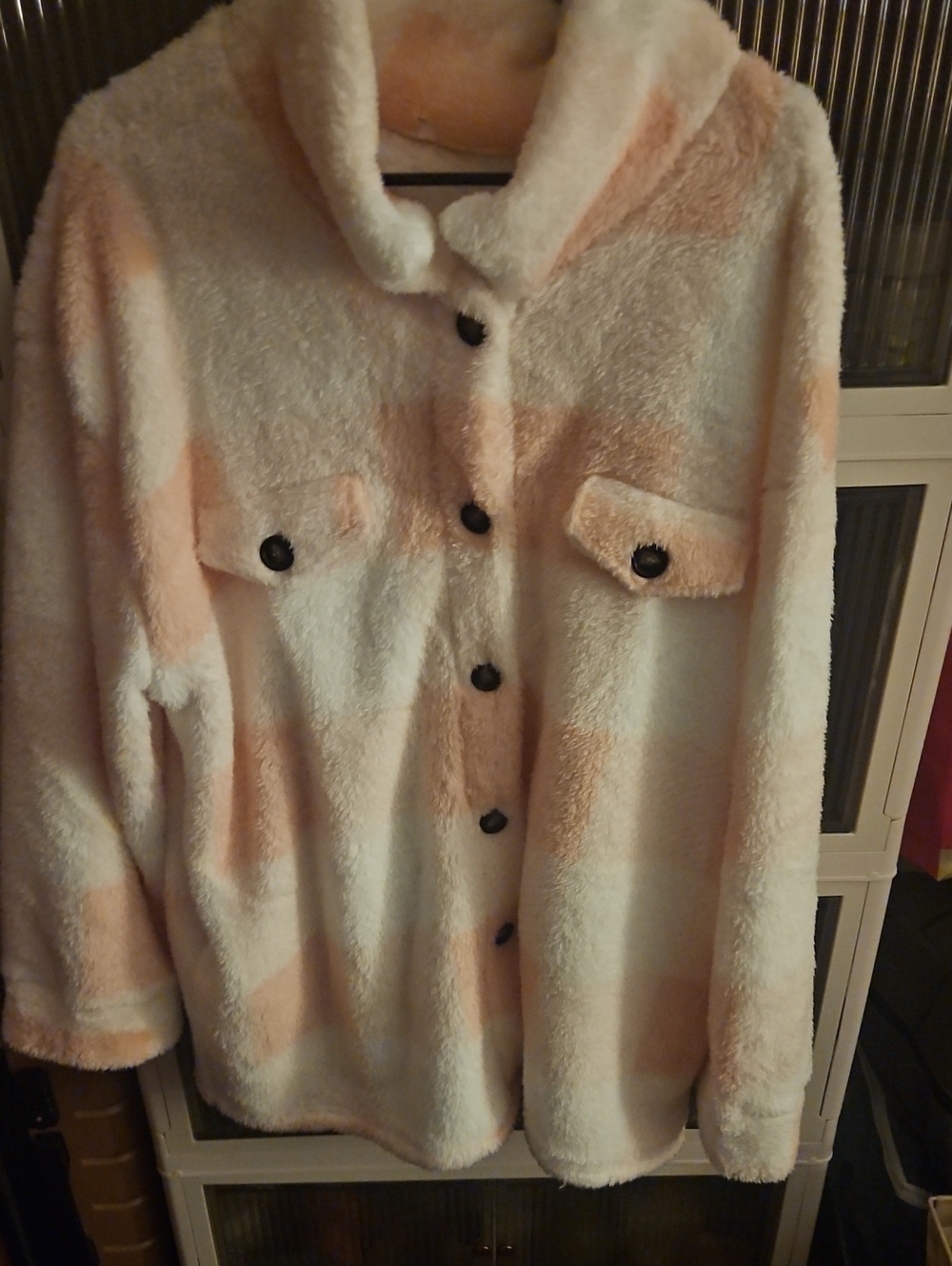 Cozy Check Teddy Jacket in Cream and Light Pink